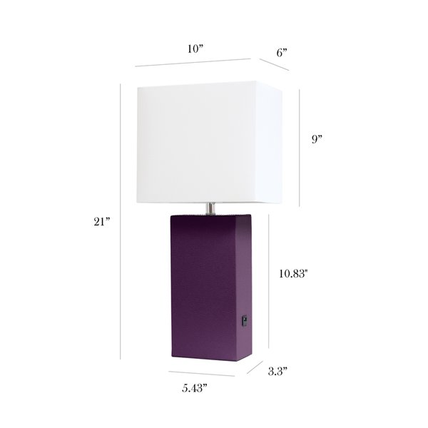 Lampe de table en cuir moderne avec abat-jour en tissu et port USB Elegant Designs, 21 po, aubergine