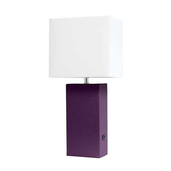 Lampe de table en cuir moderne avec abat-jour en tissu et port USB Elegant Designs, 21 po, aubergine