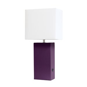 Lampe de table en cuir moderne avec abat-jour en tissu et port USB Elegant Designs, 21 po, aubergine