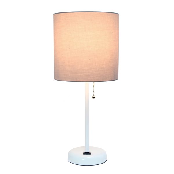 LimeLights Stick Lamp with Charging Outlet and Fabric Shade - 19.5-in - White Base and Gray Shade