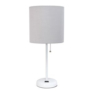 LimeLights Stick Lamp with Charging Outlet and Fabric Shade - 19.5-in - White Base and Gray Shade