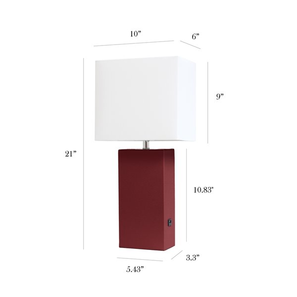 Lampe de table en cuir moderne avec abat-jour en tissu et port USB Elegant Designs, 21 po, rouge