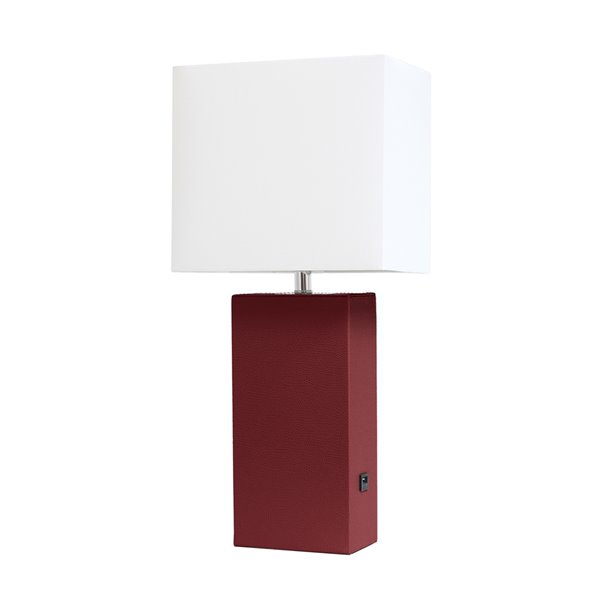 Lampe de table en cuir moderne avec abat-jour en tissu et port USB Elegant Designs, 21 po, rouge