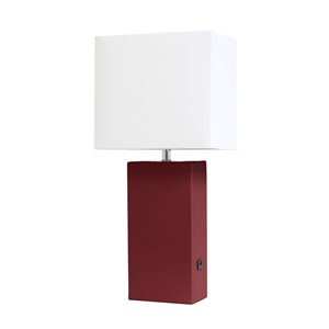 Lampe de table en cuir moderne avec abat-jour en tissu et port USB Elegant Designs, 21 po, rouge