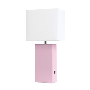 Lampe de table en cuir moderne avec abat-jour en tissu et port USB Elegant Designs, 21 po, rose pâle