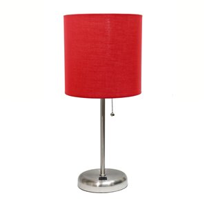 LimeLights Stick Lamp with USB Charging Port and Fabric Shade - 19.5-in - Brushed Steel Base and Red Shade