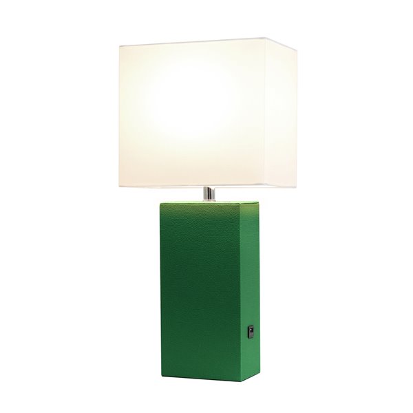 Lampe de table en cuir moderne avec abat-jour en tissu et port USB Elegant Designs, 21 po, verte