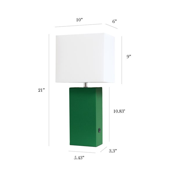 Lampe de table en cuir moderne avec abat-jour en tissu et port USB Elegant Designs, 21 po, verte