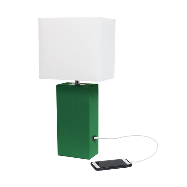 Lampe de table en cuir moderne avec abat-jour en tissu et port USB Elegant Designs, 21 po, verte