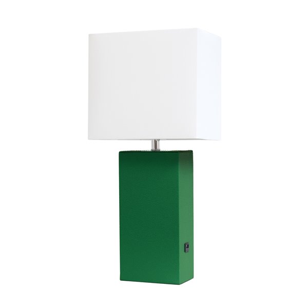 Lampe de table en cuir moderne avec abat-jour en tissu et port USB Elegant Designs, 21 po, verte