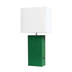 Lampe de table en cuir moderne avec abat-jour en tissu et port USB Elegant Designs, 21 po, verte