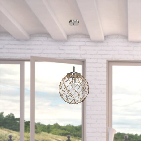 Luminaire suspendu en verre côtier Elegant Designs, nickel brossé et corde naturelle, clair