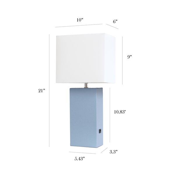 Elegant Designs Modern Leather Table Lamp with USB and Fabric Shade - 21-in - Periwinkle