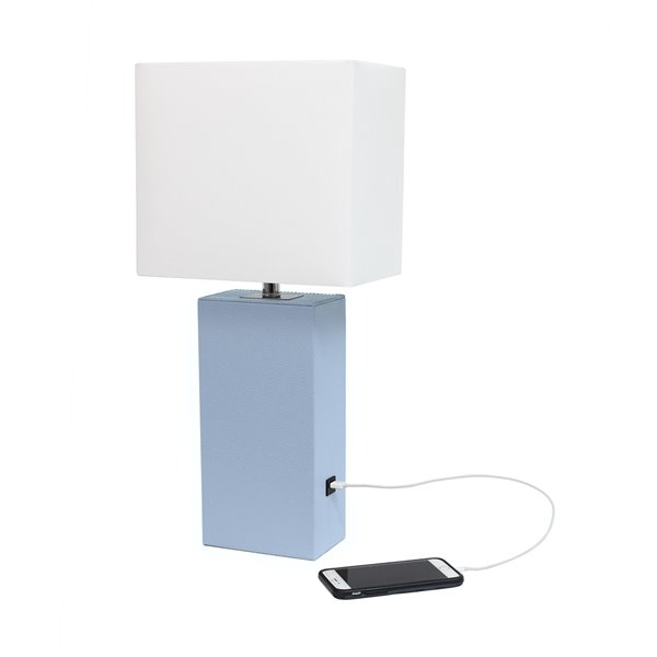 Elegant Designs Modern Leather Table Lamp with USB and Fabric Shade - 21-in - Periwinkle