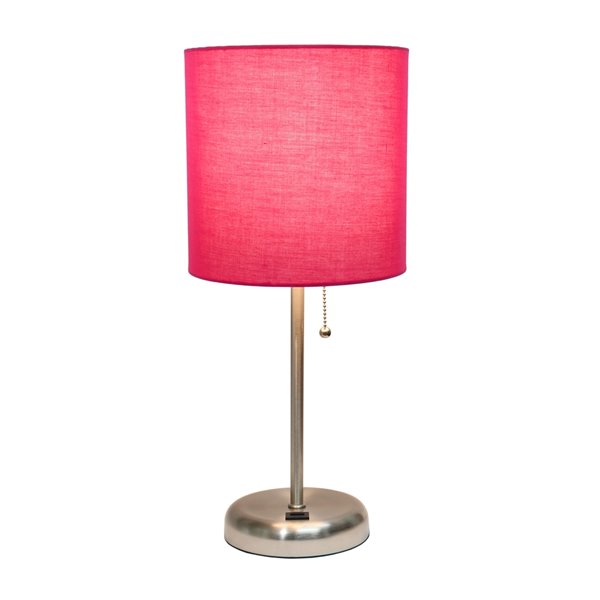 LimeLights Stick Lamp with USB Charging Port and Fabric Shade - 19.5-in - Brushed Steel Base and Pink Shade