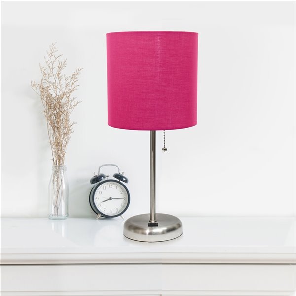 LimeLights Stick Lamp with USB Charging Port and Fabric Shade - 19.5-in - Brushed Steel Base and Pink Shade