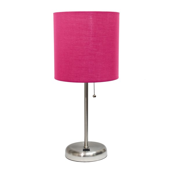 LimeLights Stick Lamp with USB Charging Port and Fabric Shade - 19.5-in - Brushed Steel Base and Pink Shade