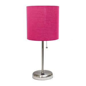 LimeLights Stick Lamp with USB Charging Port and Fabric Shade - 19.5-in - Brushed Steel Base and Pink Shade