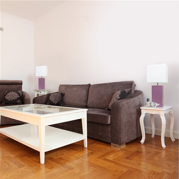 Ensemble tendance moderne/contemporain de 2 lampes Elegant Designs, 2 lampes de table, abat-jour blanc, mauve