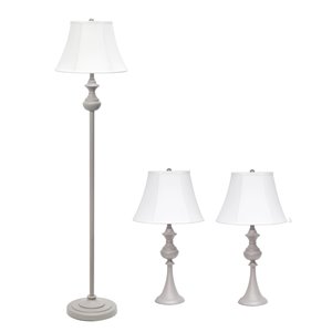 Ensemble traditionnel de 3 lampes Elegant Designs, 1 lampe sur pied et 2 lampes de table, abat-jour blanc, gris