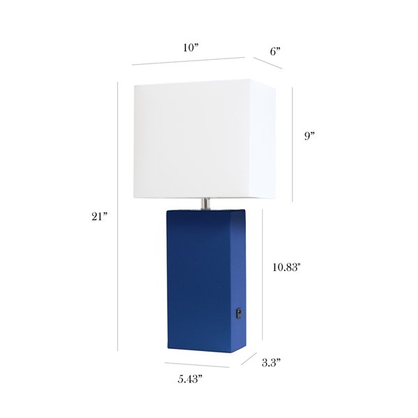 Elegant Designs Modern Leather Table Lamp with USB and Fabric Shade - 21-in - Blue