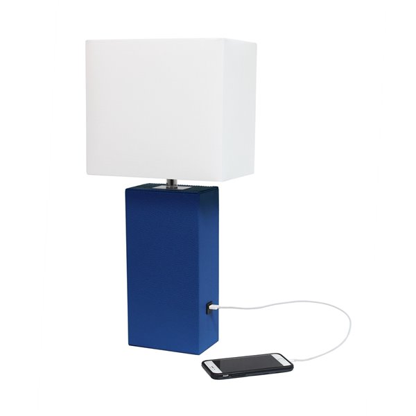 Elegant Designs Modern Leather Table Lamp with USB and Fabric Shade - 21-in - Blue