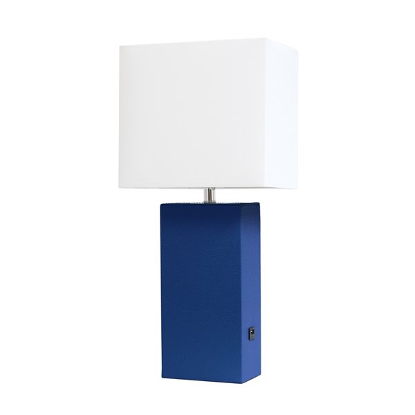 Elegant Designs Modern Leather Table Lamp with USB and Fabric Shade - 21-in - Blue