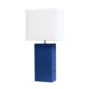 Elegant Designs Modern Leather Table Lamp with USB and Fabric Shade - 21-in - Blue