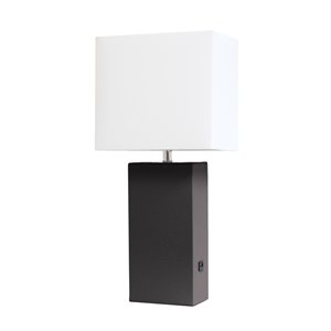 Lampe de table en cuir moderne avec abat-jour en tissu et port USB Elegant Designs, 21 po, marron