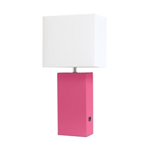 Lampe de table en cuir moderne avec abat-jour en tissu et port USB Elegant Designs, 21 po, rose vif