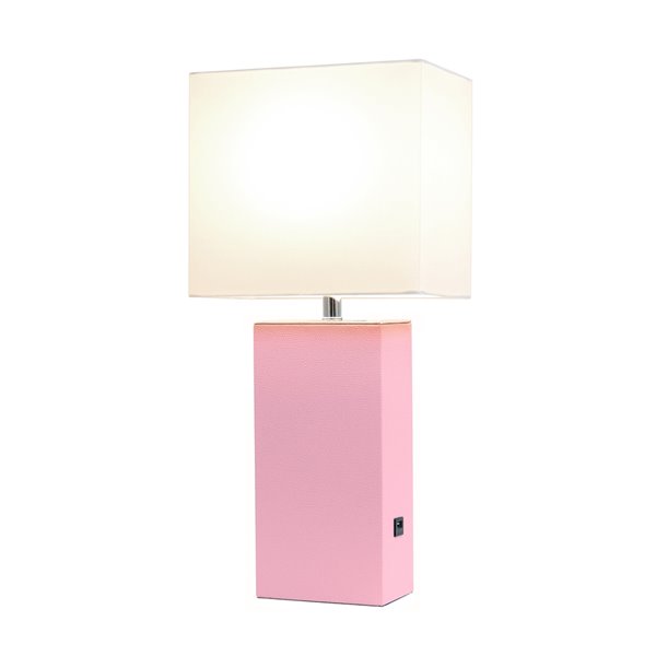 Elegant Designs Modern Leather Table Lamp with USB and Fabric Shade - 21-in - Pink