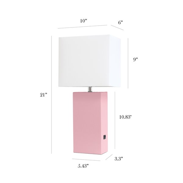 Elegant Designs Modern Leather Table Lamp with USB and Fabric Shade - 21-in - Pink