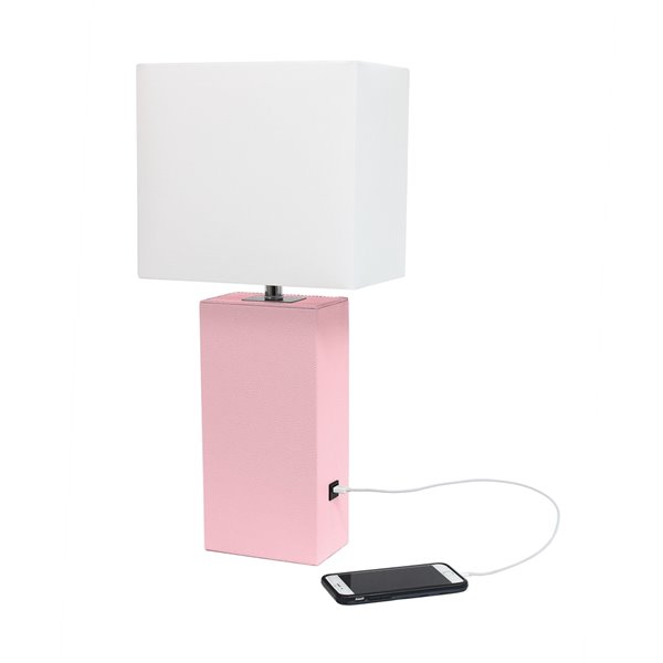 Elegant Designs Modern Leather Table Lamp with USB and Fabric Shade - 21-in - Pink