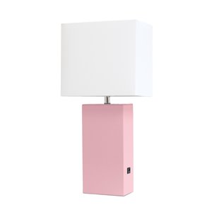 Elegant Designs Modern Leather Table Lamp with USB and Fabric Shade - 21-in - Pink