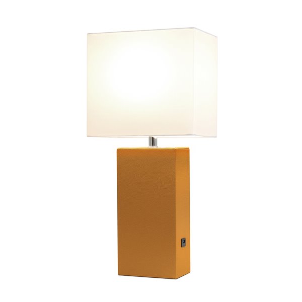 Lampe de table en cuir moderne avec abat-jour en tissu et port USB Elegant Designs, 21 po, brun roux