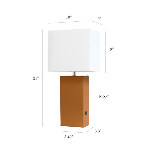 Lampe de table en cuir moderne avec abat-jour en tissu et port USB Elegant Designs, 21 po, brun roux