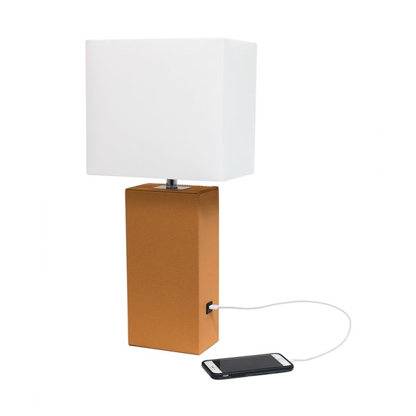 Lampe de table en cuir moderne avec abat-jour en tissu et port USB Elegant Designs, 21 po, brun roux