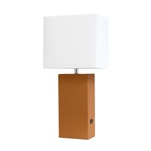 Lampe de table en cuir moderne avec abat-jour en tissu et port USB Elegant Designs, 21 po, brun roux