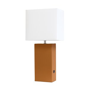 Lampe de table en cuir moderne avec abat-jour en tissu et port USB Elegant Designs, 21 po, brun roux