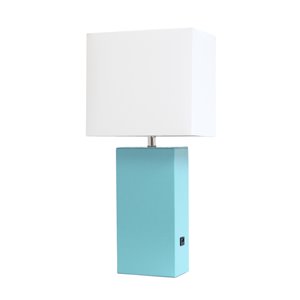 Lampe de table en cuir moderne avec abat-jour en tissu et port USB Elegant Designs, 21 po, aqua