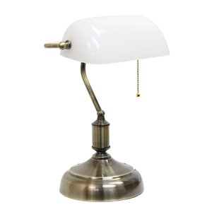 Simple Designs Executive Banker's Desk Lamp with Glass Shade - 14.75-in - Antique Nickel and White