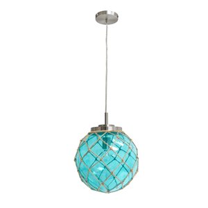 Elegant Designs Buoy Netted Brushed Nickel Coastal Glass Pendant with Natural Rope - Aqua