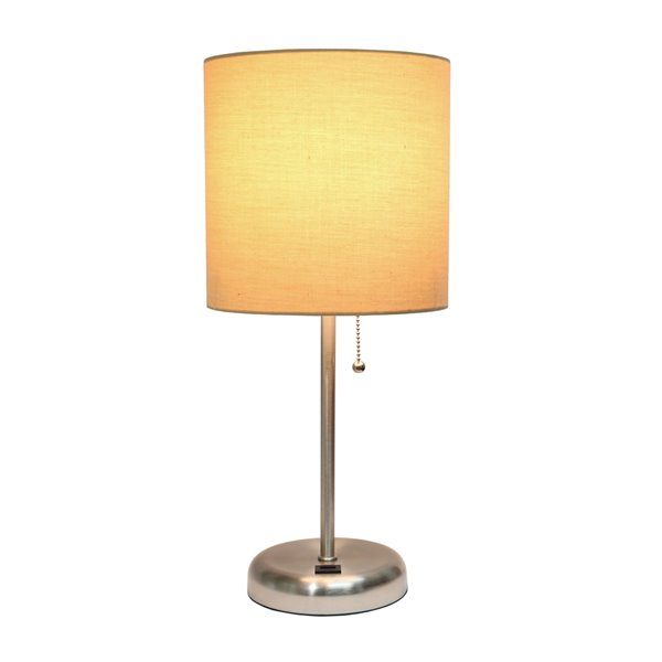 LimeLights Stick Lamp with USB Charging Port and Fabric Shade - 19.5-in - Brushed Steel Base and Tan Shade