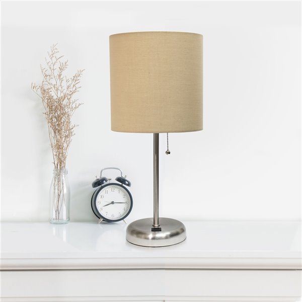 LimeLights Stick Lamp with USB Charging Port and Fabric Shade - 19.5-in - Brushed Steel Base and Tan Shade