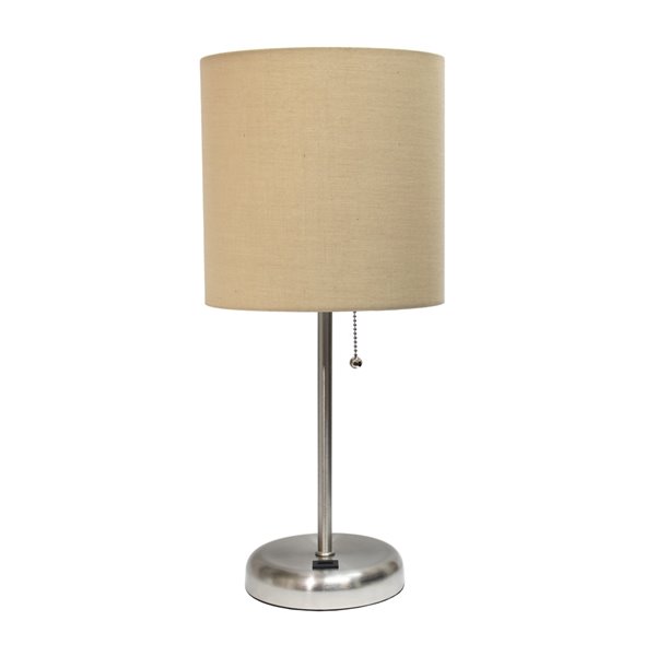 LimeLights Stick Lamp with USB Charging Port and Fabric Shade - 19.5-in - Brushed Steel Base and Tan Shade