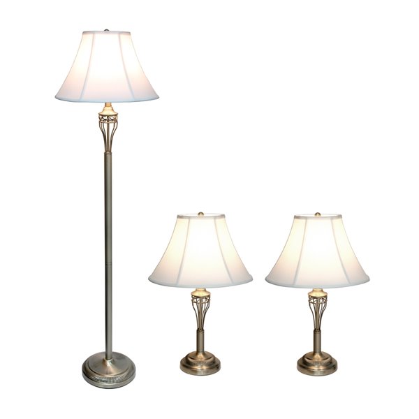Ensemble traditionnel de 3 lampes Elegant Designs, 1 lampe sur pied et 2  lampes de table, abat-jour blanc, laiton LC1001-ABS