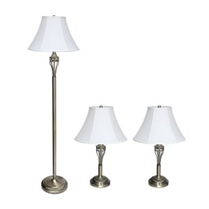 Ensemble traditionnel de 3 lampes Elegant Designs, 1 lampe sur pied et 2 lampes de table, abat-jour blanc, laiton