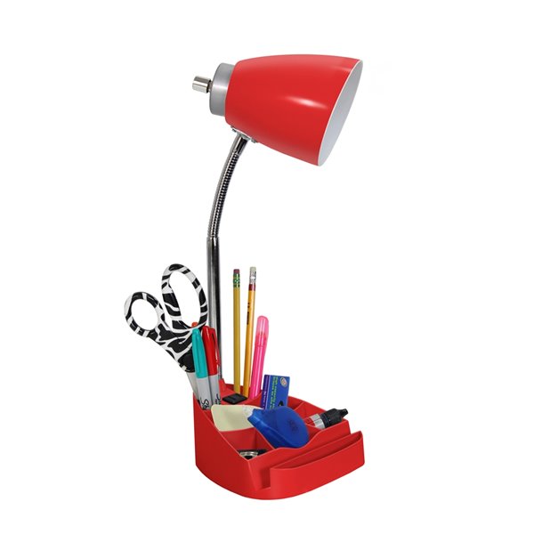 LimeLights Gooseneck Organizer Desk Lamp with Holder and Charging Outlet - Red