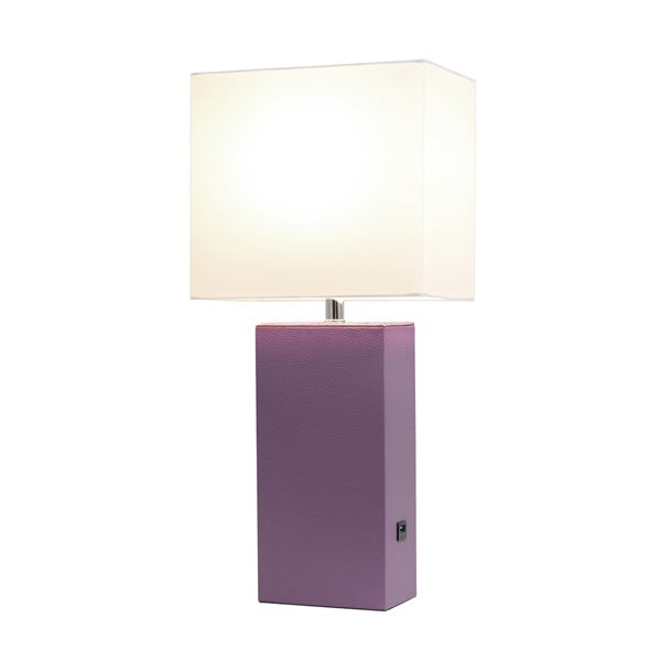 Elegant Designs Modern Leather Table Lamp with USB and Fabric Shade - 21-in - Purple