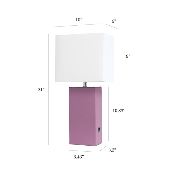 Elegant Designs Modern Leather Table Lamp with USB and Fabric Shade - 21-in - Purple
